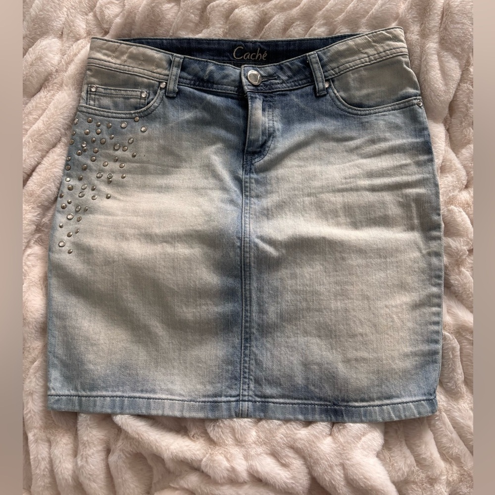 Cache Light Blue Denim Mini Skirt with Studs